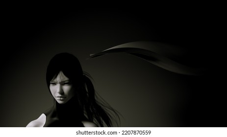 Woman Face Female With Hair Showing Hijab Iran Protest Persian Arab Asia Headscarf Hijab Flying Away Black And White 3d Illustration Render