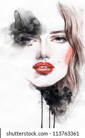 Woman Face. Hand Painted Fashion Illustration