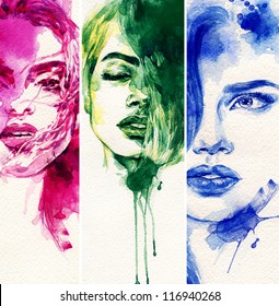 Woman Face. Hand Painted Fashion Illustration