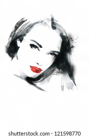 Woman Face. Hand Painted Fashion Illustration