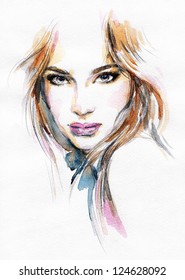 Woman Face. Hand Painted Fashion Illustration