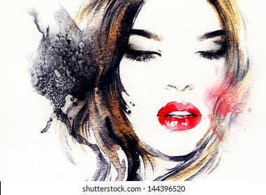 Woman Face. Hand Painted Fashion Illustration