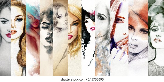 Woman face. Hand painted fashion illustration