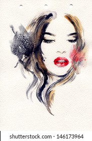 Woman Face. Hand Painted Fashion Illustration