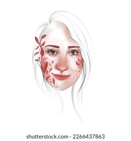 Woman Face Illustration and flowers  Hand drawn woman face and pink colors  Realistic woman face drawing