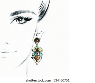 Woman Face. Jewelry And Beauty. Fashion Illustration