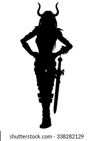 Woman fantasy warrior with a sword silhouette. Illustration a woman in a bull horned helmet or a zodiac symbol the Taurus
