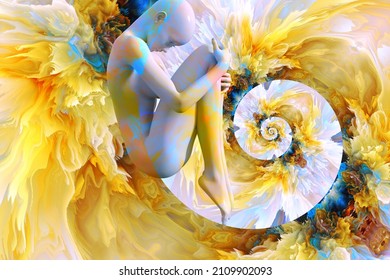 A woman in the fetal position against the background of the fractal universe. 3D illustration. A mystical journey through the vast universe.