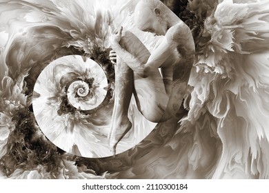 A woman in the fetal position against the background of the fractal universe. 3D illustration. A mystical journey through the vast universe.