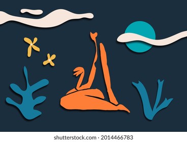 Woman figure cut out with plants and moon in dark background. Female sitting in simple landscape. Figurative artwork with abstract botanical elements. Expressionist art illustration.