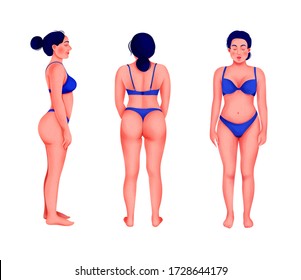 Woman Figures Full Length From All Angles In Blue Underwear.