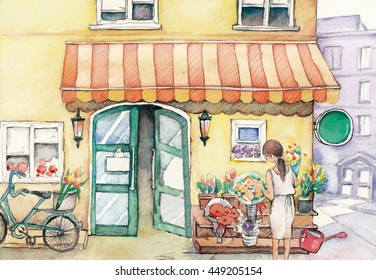 The Woman of the Flower Shop. Watercolor Artwork 
