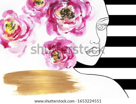 woman with flowers. beauty background. fashion illustration. watercolor painting

