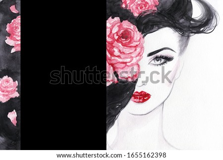 woman with flowers. beauty background fashion illustration. watercolor painting
