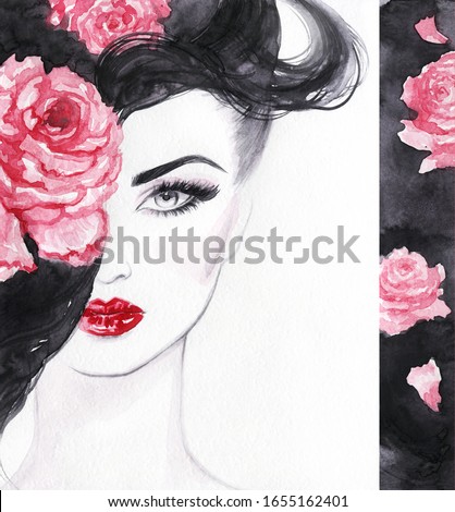 woman with flowers. beauty background fashion illustration. watercolor painting
