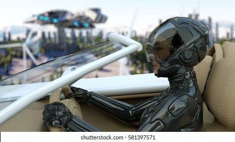 Woman In Futuristic Car Flying Over The City, Town. Transport Of The Future. Aerial View. 3d Rendering.