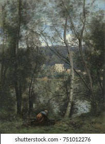 A WOMAN GATHERING FAGGOTS AT VILLE-DAVRAY, by Camille Corot, 1871-74, French oil painting. This work depicts a pond seen through a delicate screen of trees, with a woman bending over collecting firewo