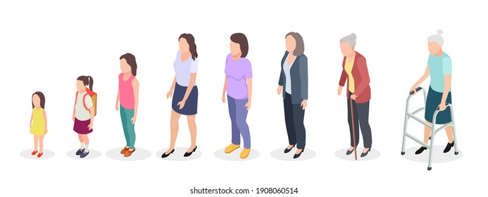 Woman Generations. Isometric Adult, Female Characters Kids Girl Old Woman Human Age Evolution