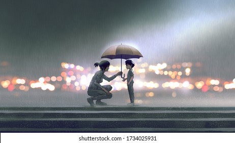 The Woman Gives An Umbrella To The Boy In The Rain, Digital Art Style, Illustration Painting