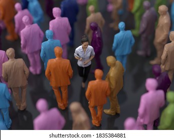 Woman Goes Against A Crowd Of Multicolor People, 3d Illustration