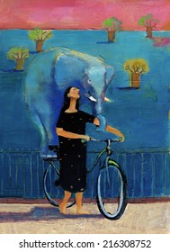 A Woman Goes For A Walk In A Bike Imaginary Elephant