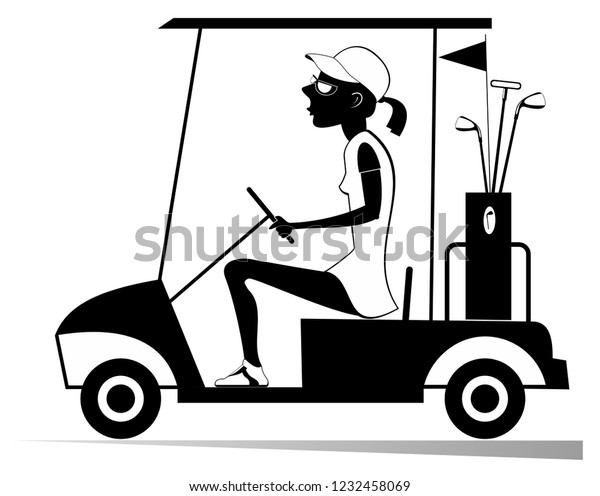 Woman in\
the golf cart isolated illustration. Pretty young woman is going to\
play golf in the golf cart black on\
white\
