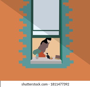 Woman with hand gloves serving coffee through window in tiny cafe, shop open after lockdown.Take away orders only due to Coronavirus. - Powered by Shutterstock