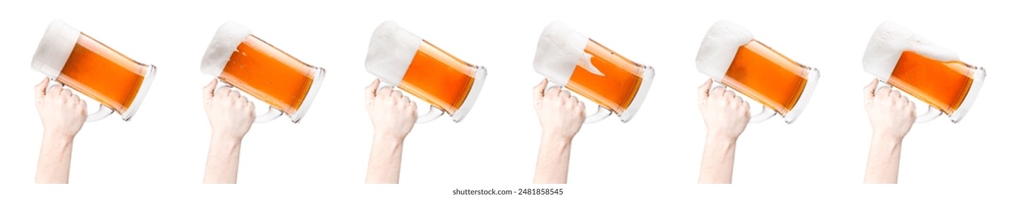 Woman hand holding mug of fresh beer with bubble froth isolated on a white background. Concept of drinking alcohol on holidays, Oktoberfest or St. Patrick's Day. 3D Illustration - Powered by Shutterstock