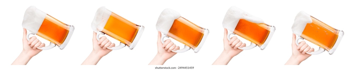 Woman hand holding mug of fresh beer with bubble froth isolated on a white background. Concept of drinking alcohol on holidays, Oktoberfest or St. Patrick's Day. 3D Illustration - Powered by Shutterstock