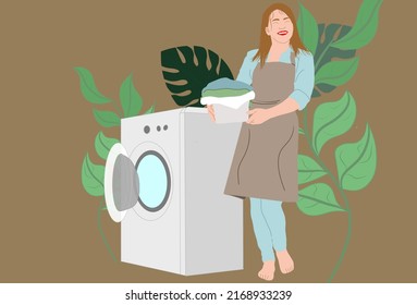 Woman Hand Washing Her Clothes And Doing Laundry Squatting. Home People Activity. Flat Hand Drawn Illustration.