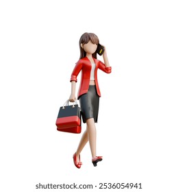 Woman with Handphone and Shopping Bags 3D Black Friday Shopping Girl Illustration