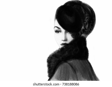 Woman with hat. Fashion illustration.