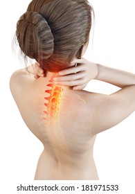 woman having a painful neck - visible spine - Shutterstock ID 181971533