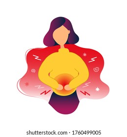 Woman Having Stomachache, Period Pain.flat Modern Trendy Style Illustration Character Icon.Woman Having Stomachache, Period Pain, Stomach Disease, Health Problem,period, Menstruation Concept