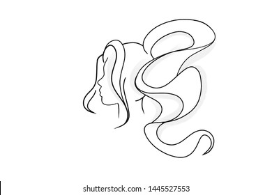 Woman Head Silhouette With Stylish Ponytail, Design, Hairstyle. Isolated Illustration on white background. Beauty and Cosmetics, Thin Lines, Hand Drawn.