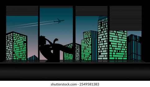 A woman in her apartment overlooking a city at night sits in front of a window curled up in thought or despair.  - Powered by Shutterstock