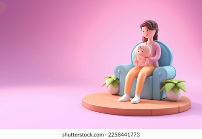 Woman with her Baby on a Sofa. 3D Illustration - Powered by Shutterstock