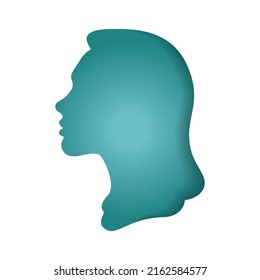 A Woman With Her Hair Pulled Back. Paper Cut Style. Face Silhouette. Colored Turquoise Profile Portrait Of A Female Character. Origami Silhouette. Art Illustration Of Craft Paper Cut Design.