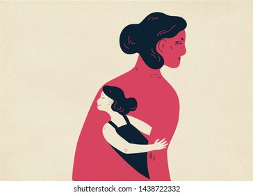 Woman and her small copy hiding under her arm and looking out. Concept of inner child, childlike aspect of human personality, subpersonality. Colorful illustration in contemporary style.