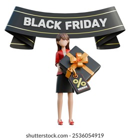 Woman Holding a Big Box with a Black Friday Banner 3D Black Friday Shopping Girl Illustration - Powered by Shutterstock