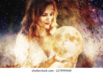 Woman Holding A Big Glowing Sphere Moon In Cosmic Space.