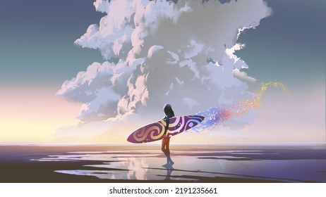 woman holding a colorful surfboard standing on the beach looking at the sky, digital art style, illustration painting - Powered by Shutterstock