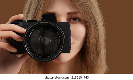 woman holding digital camera looking to shoot a photography professional photographer 3D illustration - Powered by Shutterstock