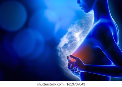Woman holding her breast with both hands with a breast x-ray imagery showing a carcinoma tumor in the background. Breast cancer 3d rendering illustration with copy space. Medical concept.