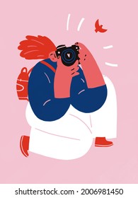 Woman Holding Photo Camera. Cartoon Illustration Poster Wall. Woman Character Photographer.