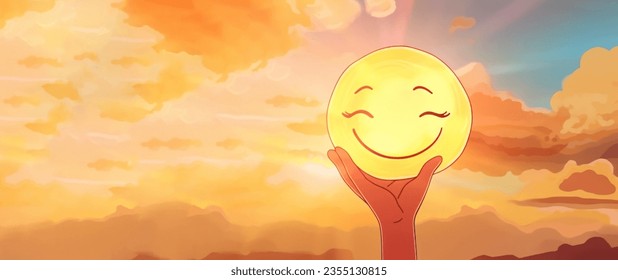 Woman holding smile icon with happy face on sunset sky background, Positive thinking, Mental health assessment, World mental health day concept - Powered by Shutterstock