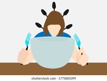 A woman holding the spoons in hands and staring at the bowl angrily.  - Powered by Shutterstock