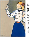 Woman holding umbrella (1897) print in high resolution by Edward Penfield. Vintage woman drawing, old illustration, woman art print. Vintage artwork by Edward Penfield.