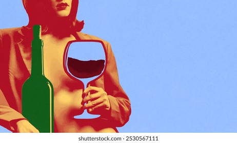 Woman holding wine glass in one hand with green bottle next to her, set against light blue backdrop. Contemporary art collage. Concept of drink, winery, taste, party, wine culture, wine and dine - Powered by Shutterstock