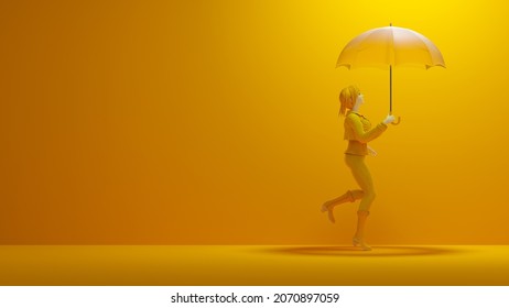 Woman Holding Yellow Umbrella. Looked Up At The Light From Above. In The Yellow Room. Minimal Idea Concept, Cartoon Character, 3d Rendering.